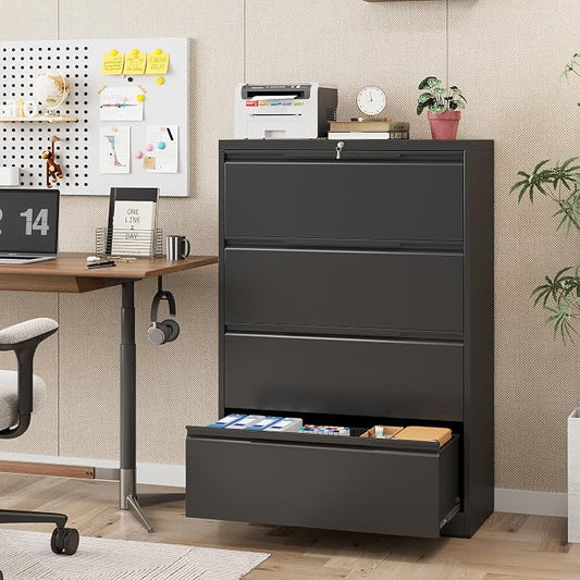 4 Drawer Lateral File Cabinet with Lock, Heavy-Duty Metal Vertical Filing Cabinet for Office, Steel Storage Compatible with Hanging Files Letter/Legal/F4/A4 Sizes, Black