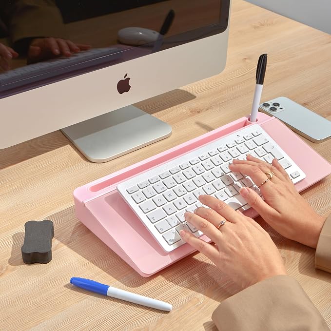 GAROOD Desktop Dry Erase Board with Storage Pink Color Desk White Board Desk Board Glass Desktop White Board with Stand Home Office Organizer Phone Holder 15.8X7X2 inches