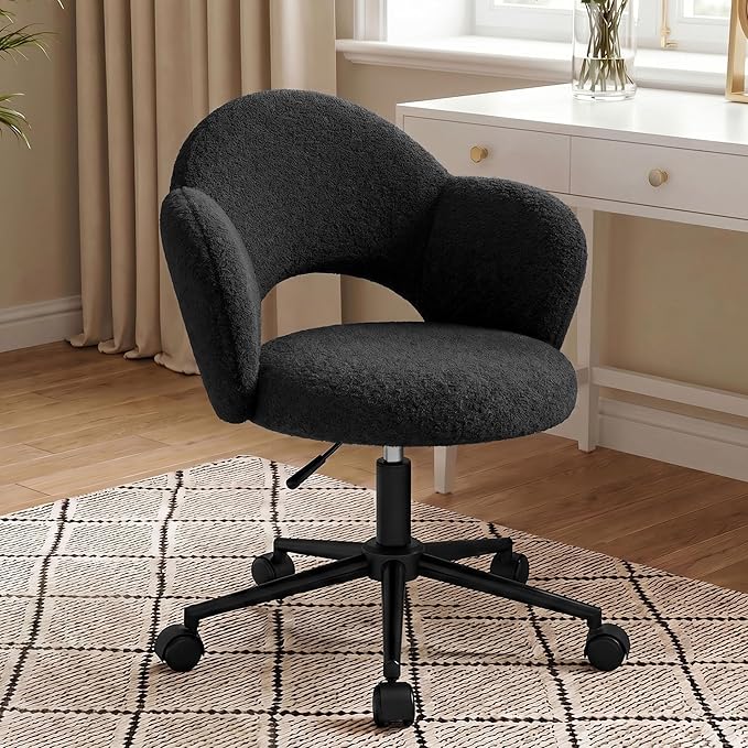 Homkdom Desk Chair with Wheels, 3.94" Thick Comfy Petal Vanity Chair, Swivel Armless Chair with Open Back and Adjustable Height, Ideal for Makeup Study Work and Relaxation, Black