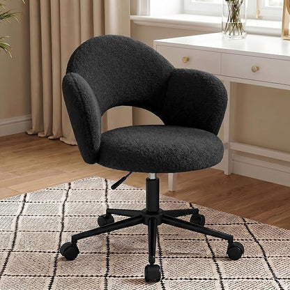 Homkdom Desk Chair with Wheels, 3.94" Thick Comfy Petal Vanity Chair, Swivel Armless Chair with Open Back and Adjustable Height, Ideal for Makeup Study Work and Relaxation, Black