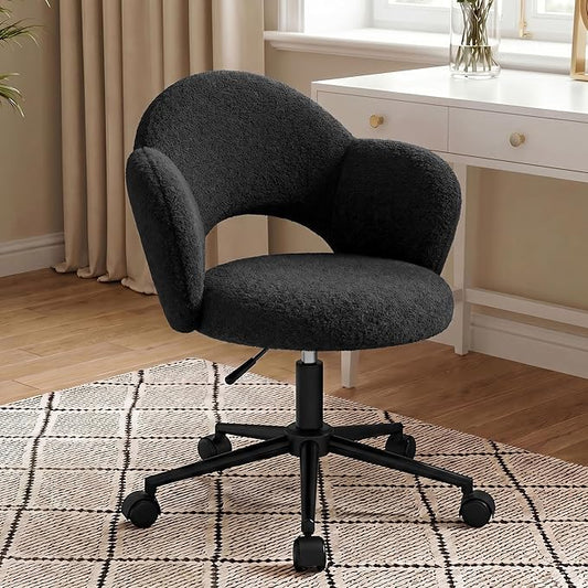 Homkdom Desk Chair with Wheels, 3.94" Thick Comfy Petal Vanity Chair, Swivel Armless Chair with Open Back and Adjustable Height, Ideal for Makeup Study Work and Relaxation, Black