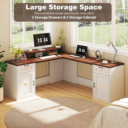 HUAHUU 78" Farmhouse L Shaped Executive Desk with Drawers, Modern Computer Desk with Power Outlets, Office Writing Desk with Monitor Stand & Storage Cabinet, Printer Shelf, Antique White
