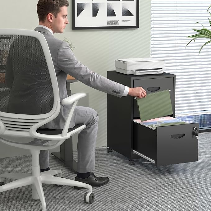 2 Drawer Mobile File Cabinet with Lock, Black Metal Filing Cabinets with Wheels, Vertical Rolling File Cabinet Fit Hanging Files, Letter and A4 Documents