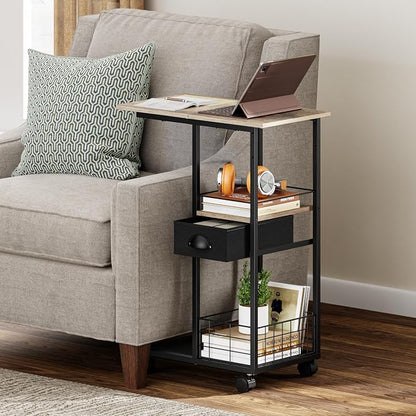 Rolling C Shaped Side Table with Storage Drawer, Ivory Portable Desk on Wheels, Bedside Table for Sofa Couch & Bed, Small Overbed Laptop Desk, Mobile Coffee End Table for Bedroom Living Room Dorm