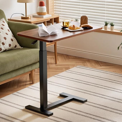 Adjustable Overbed Bedside Table with Wheels, Pneumatic Adjustable Hospital & Home Use Bed Table, Rolling Laptop Table, Mobile Standing Desk, Brown