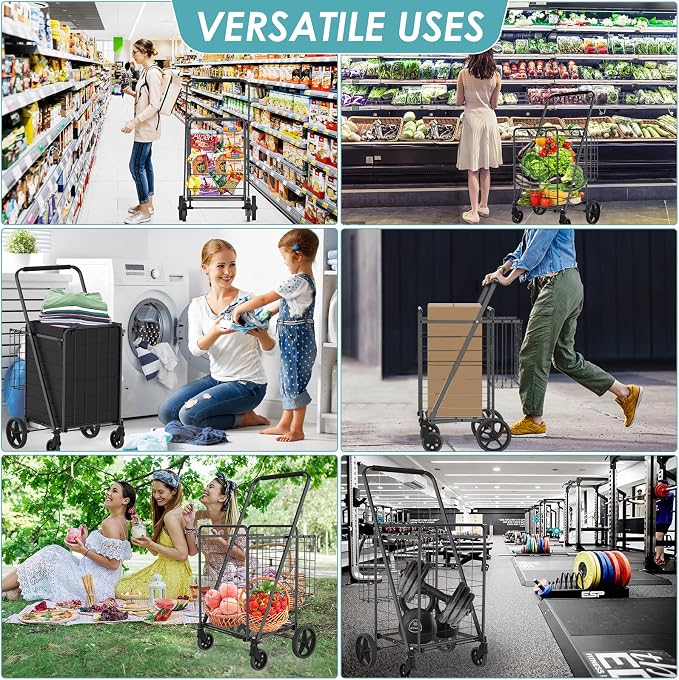Upgraded Shopping Cart for Groceries,330LBS Jumbo Grocery Cart with Waterproof Liner, 360° Rolling Swivel Wheels and Double Basket, Heavy Duty Folding Shopping Carts for Laundry Transport