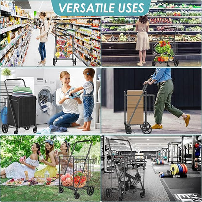 Upgraded Shopping Cart for Groceries,330LBS Jumbo Grocery Cart with Waterproof Liner, 360° Rolling Swivel Wheels and Double Basket, Heavy Duty Folding Shopping Carts for Laundry Transport