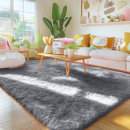 OLANLY Area Rugs for Living Room Bedroom, Machine Washable 4x5.9 ft Soft Fluffy Shaggy Bedside Rug, Indoor Floor Carpet for Kids Girls and Boys, Dorms, Nursery Rooms, Home Decor Aesthetic, Light Grey