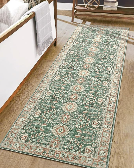 Goideal Washable Runner Rug 2x6, Vintage Rugs Non Slip, Indoor Low Pile Carpet with Rubber Backing for Kitchen Bathroom Entryway Office Bedroom,Green & Orange