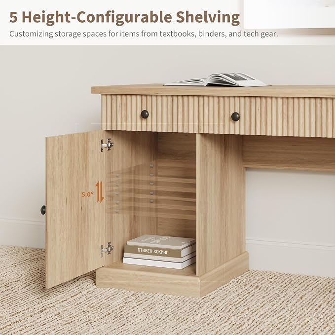 Garvee 60" Office Desk with Storage & Drawers, Fluted Wood Executive Desk with File Drawer & Charging Station, Modern Computer Desk with Adjustable Shelves for Home Office, Oak