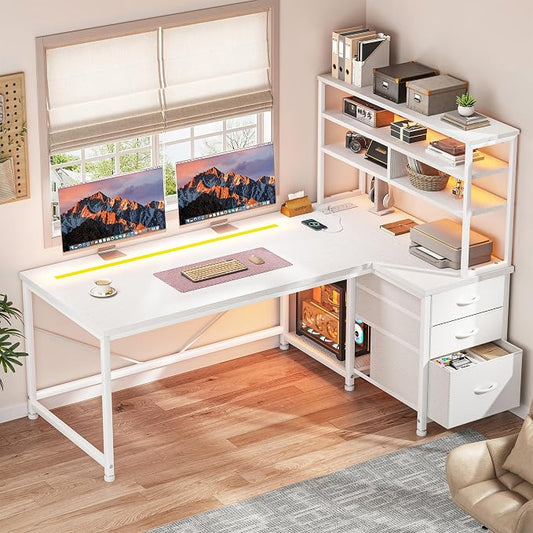 55''L Shaped Desk White Desk with 3 Fabric Drawers & Shelf, 55 Inch Computer Gaming Desk with Remote LED Lights, Power Outlet and PC Stand of Corner Desk for Home Office,Vanity Desk for Bedroom,White