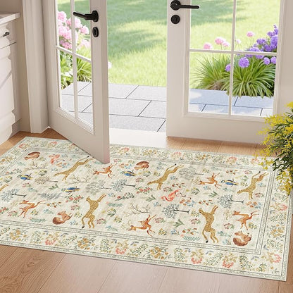 DUKINO 2x4 Rug for Hallway, Washable Kitchen Runner Rug with Non Slip Backing, Soft Low Pile Vintage Animal Runner for Bedroom, Kitchen, Hallway, Entryway, Laundry, Beige