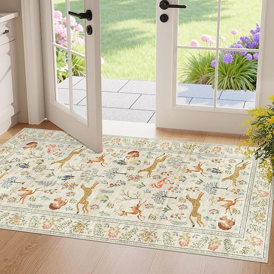 DUKINO 2x4 Rug for Hallway, Washable Kitchen Runner Rug with Non Slip Backing, Soft Low Pile Vintage Animal Runner for Bedroom, Kitchen, Hallway, Entryway, Laundry, Beige