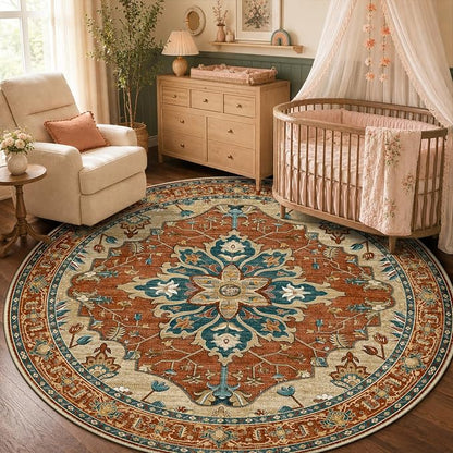 RELEANY Area Rugs Round 5ft Washable Non-Slip, Floral Vintage Distress Medallion Carpet for Living Room Bedroom Dining Room, Red Orange Blue Brown