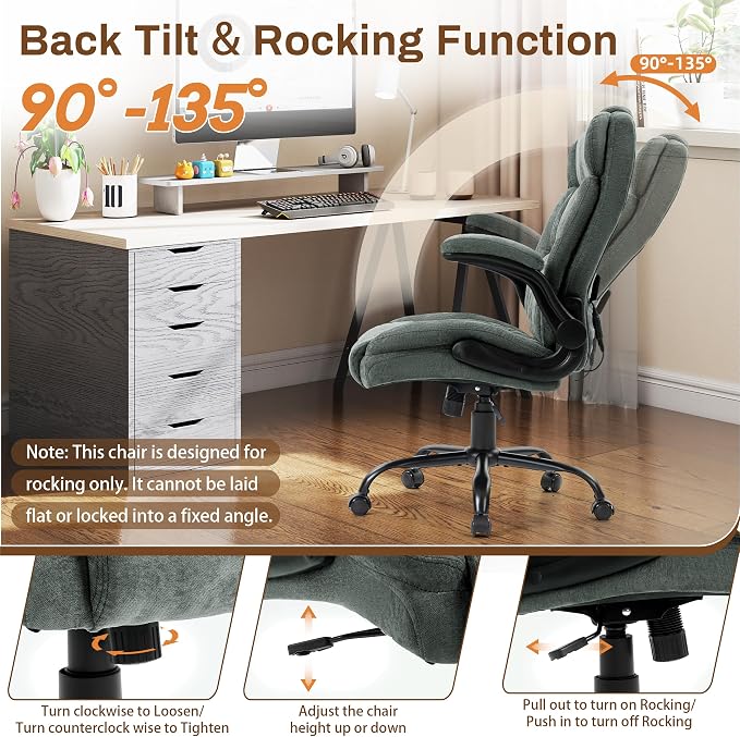 Massage Office Chair,500LBS Ergonomic Rocking Executive Desk Chairs with 4 Points Vibration&Heat,Padded Flipup Armrests for Big and Tall Office Chair,Swivel Computer Chair Fabric DarkGreen