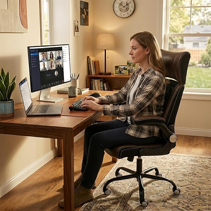 ZLHECTO® Executive Office Chair, Ergonomic Leather Desk Chair, Widened Adjustable Headrest with Flip-Up Arms, High Back Computer Swivel Task Chair with Lumbar Support, Brown
