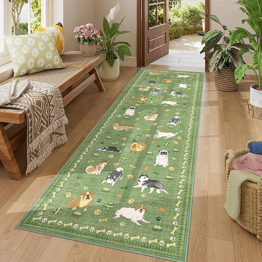 DUKINO 2x6 Washable Runner Rug for Hallway, Non Slip Animal Dog Kitchen Rug with Low Pile Design, Ultra Soft & Stain Resistant Indoor Carpert Runner for Entryway, Bedroom, Laundry, Bathroom, Green