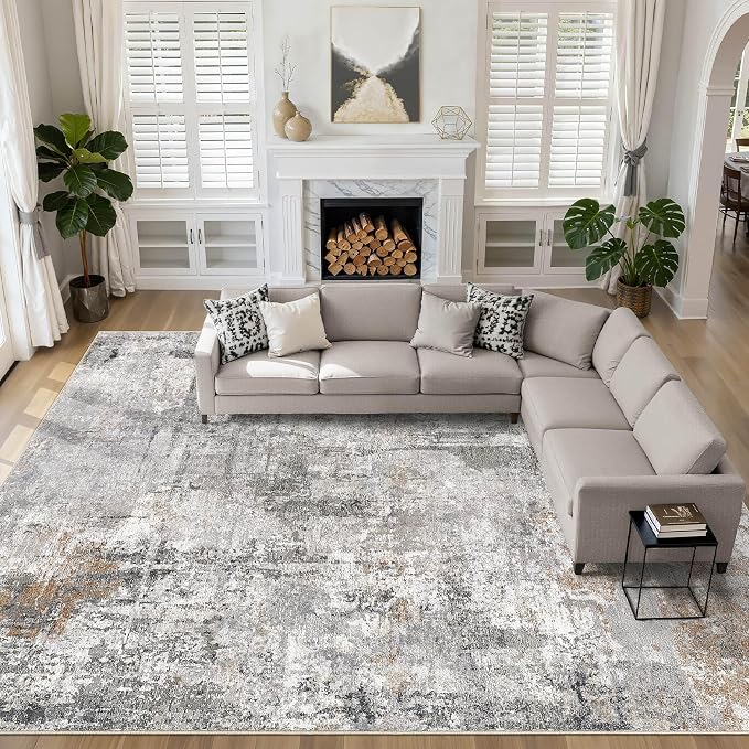 12x15 Area Rug Living Room: Washable Large Abstract Modern Soft Rugs Stain Resistant Indoor Floor Non Slip Accent Carpet for Bedroom Nursery Playroom Office Dining Room Dorm Home House- Gray Rust