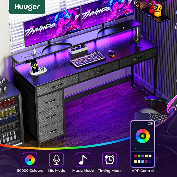 Huuger Gaming Desk with 6 Drawers, Computer Desk with LED Lights Power Outlets and Type-C, 55 Inch Office Desk with Storage, Monitor Stand, Writing Desk Work Desk Home Office, Bedroom, Black, 1CD102B