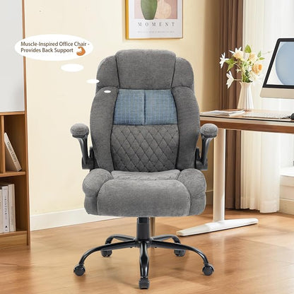 Massage Office Chair, 500LBS Ergonomic Rocking Executive Desk Chairs with 4 Points Vibration&Heat,Padded Flip-up Armrests for Big and Tall Office Chair,Swivel Computer Chair Thicken Back,Fabric Grey