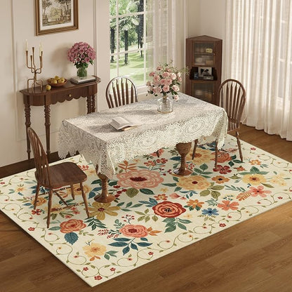 DUKINO 5x7 Area Rug, Floral Rugs for Living Room, Lightweight Non Slip Washable Rug, Indoor Low Pile & Non-Shedding Boho Design Rugs for Bedroom, Living Room, Dining Room, Beige Yellow
