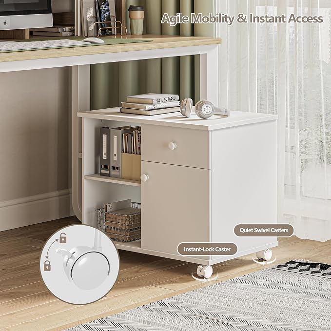 Quikraen Rolling File Cabinet with Doors | Adjustable Shelves Under Desk Storage Cabinet for Office Supplies Mobile Filing Cabinet White