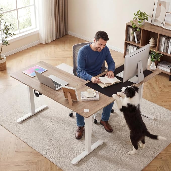 63” L Shaped Standing Desk,Electric Height Adjustable Corner Stand Up Desk, Ergonomic Sit Stand Home Office Computer Desk with Splice Board (Oak)