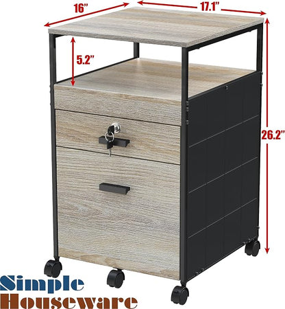 SHW Box File Rolling Mobile Cabinet with Open Shelf and Lockable Drawer, Maple