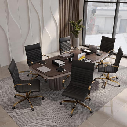 LeisureMod Harris High-Back Task Office Chair - Modern Leather Upholstery with Gold Frame, Ribbed Design 360 Degree Adjustable Swivel for Home, Office, and Study Room