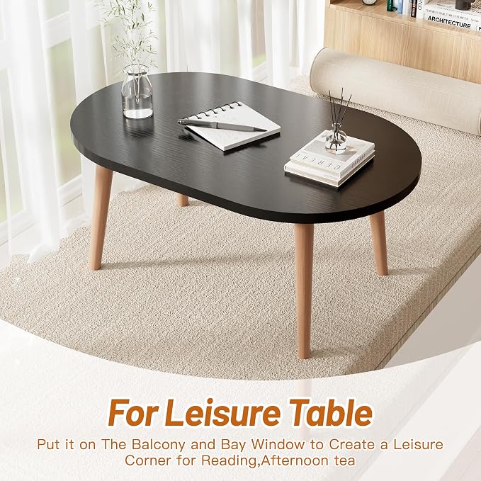 Small Coffee Table, Low Table with Solid Wood Legs, 23.6" Mini Oval Accent Table Side End Table, Floor Table Desk for Sitting on The Floor, Coffee Tea Table for Living Room, Dorm, Apartment, Black