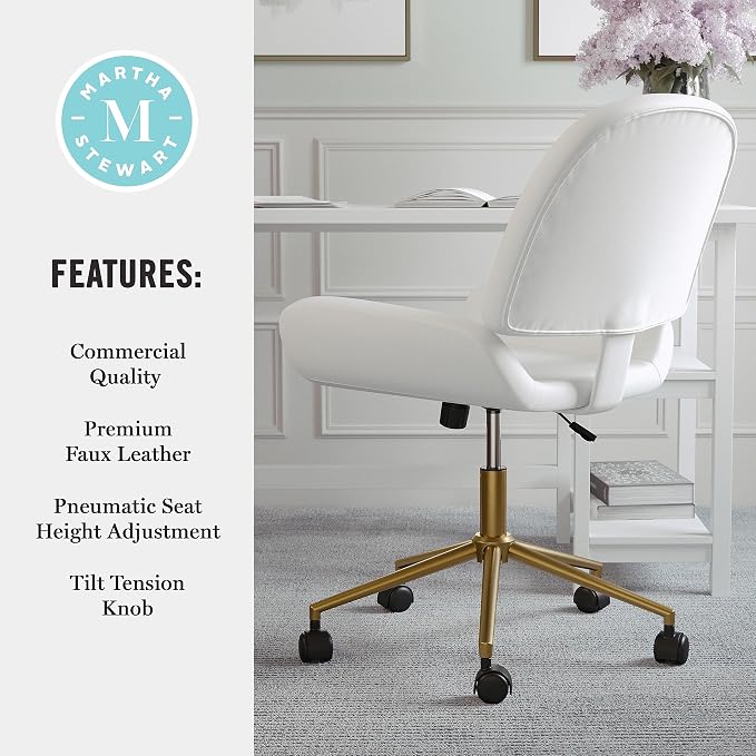 Martha Stewart Tyla Armless Swivel Task Chair for Home Office in White Faux Leather with Polished Brass Frame