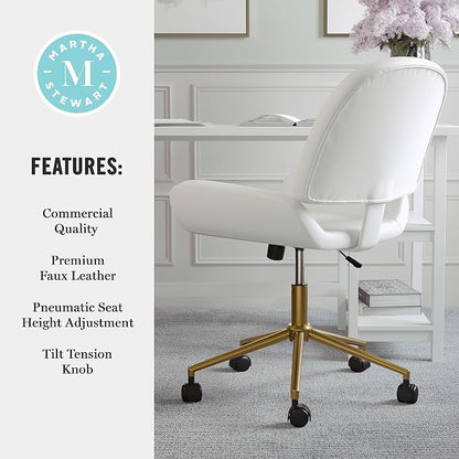 Martha Stewart Tyla Armless Swivel Task Chair for Home Office in White Faux Leather with Polished Brass Frame