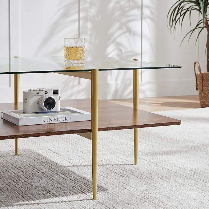 LumFurn X-Large Square Glass Coffee Table, Mid-Century Modern Design, L30 x W30 x H17 inch, for Living Room, Clear Glass Top and Walnut Finish Wood Shelf, Conical Legs with Gold Finish Frame