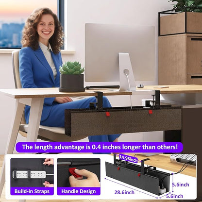 Under Desk Cable Management Tray - Under Desk Cord Management - Clamp/Screw Mount - Fabric Wire Management - Cable Raceways Tray Cord Hiders for Office/Home (Black, 28.6"×5.6")