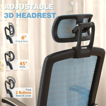 GABRYLLY Ergonomic Office Chair, High Back Mesh Desk Chair with Adjustable Headrest, Flip-Up Arms, 90-120° Tilt Lock, Lumbar Support and Comfy Seat, Swivel Computer Task Chair, Blue