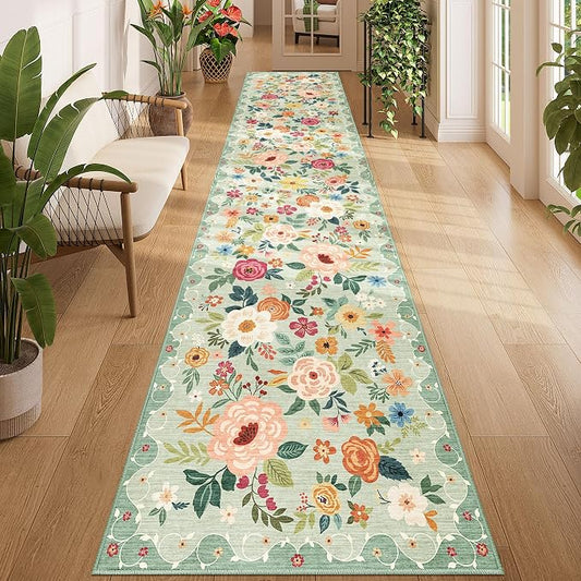 DUKINO 2x12 Washable Runner Rug, Ultra Soft Floral Runner Rug for Hallway, Boho Non Slip & Non Shedding Indoor Entryway Carpet for Kitchen, Laundry Room, Bathroom, Bedroom, Entrance, Green