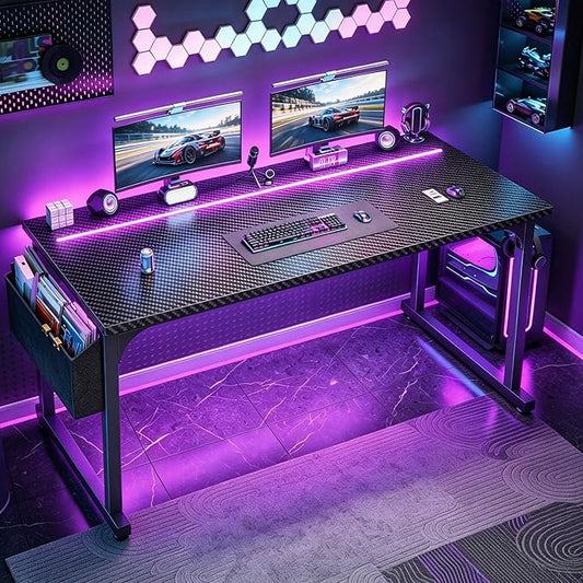 DurayLoly 55” Carbon Fiber Gaming Desk, IP65 RGB LED Computer Desk with Side Storage Bag & Headphone Hook, Sturdy Metal Frame Space Saving Home Office Desk for Teens Bedroom Dorm Study Gaming Room