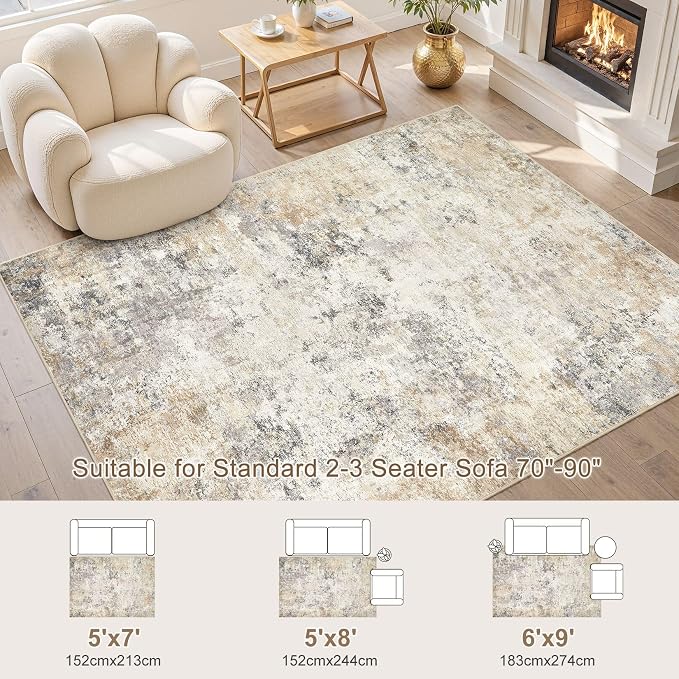 UERMEI 6x9 Washable Area Rug - Neutral Modern Abstract Living Room Rugs, Non-Slip Soft Large Indoor Floor Carpet for Bedroom Home Office & Under Dining Table Decor, Golden Grey