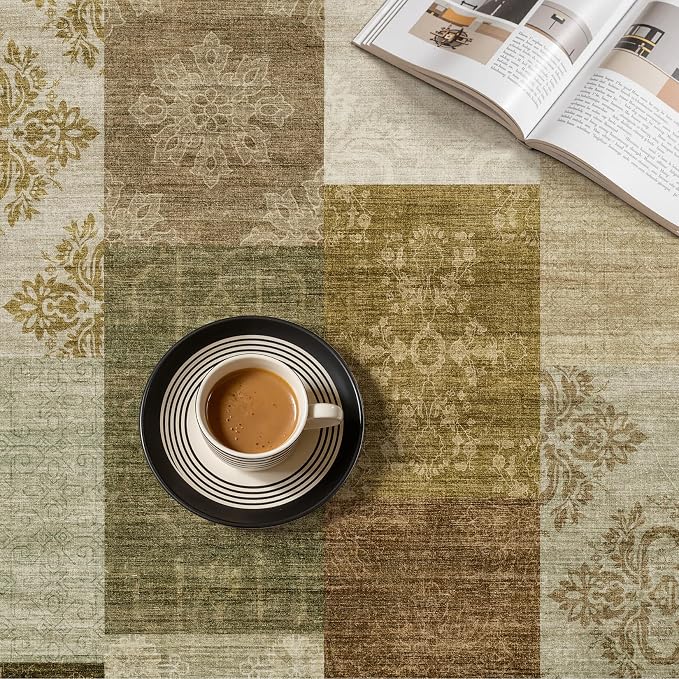 UERMEI 9x12 Area Rug for Living Room - Washable Neutral Modern Abstract Carpet, Non-Slip Soft Large Indoor Floor Rugs for Bedroom Home Office & Under Dining Table Decor, Brown/Green