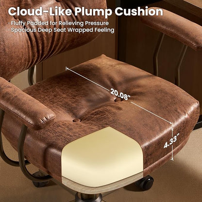 ovios Ergonomic Office Chair, Mid Back Faux Leather Executive Chairs with Thick Cushion, Comfy Mid-Century Modern Swivel Rolling Computer Armchair (Dark Brown, Suede Leather)
