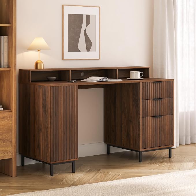 55'' Fluted Executive Desk with Drawers, Modern Home Office Computer Desk with Charging Station, File Drawer, Monitor Stand, Storage Shelf for Work Writing Study, Brown