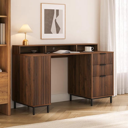 EYYTHUNG Brown Fluted Executive Desk with Storage Shelf & File Drawer, 55" Modern Wood Office Desk with Monitor Stand & Charging Station, Home Writing Computer Table for Work Study