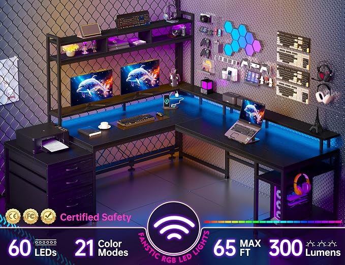 EnHomee 104'' L Shaped Gaming Desk, Reversible Two Person Corner Computer Desk with LED Lights & Power Outlet, Monitor Stand & 3 Drawers, Home Office Workstation for Gaming Room, Black