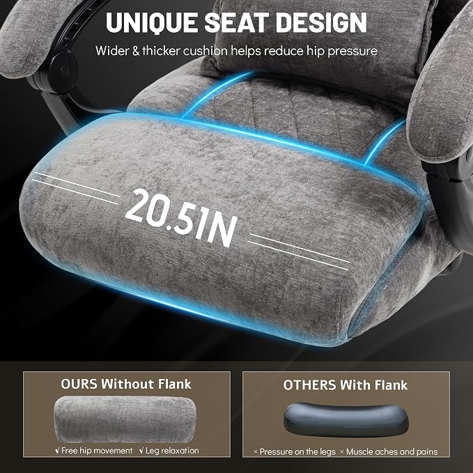 Massage Office Chair with Foot Rest,6 Points Vibration & Heat Executive Office Chairs,Big and Tall Fabric Office Chair 500LBS,Ergonomic Desk Chair for Heavy People,Recliner with Dual-Use Pillow,Grey