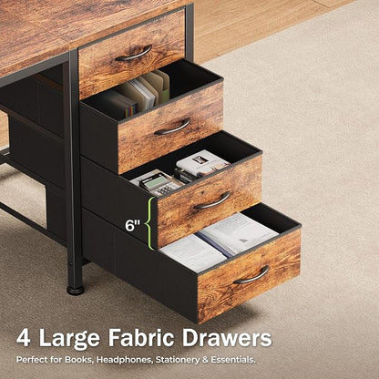 PRAISUN 39.4 Inch Computer Office Desk with Power Outelts and USB-C Port, Reversible Gaming Desk with 4 Fabric Drawers, Work Study Desk Work from Home, Rustic Brown