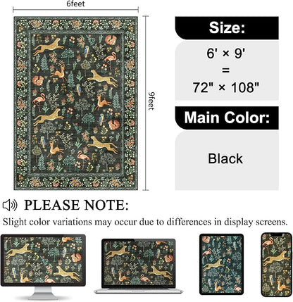 DUKINO 6x9 Rug, Washable Animal Living Room Rug with Non Slip Vintage Design, Soft Low Pile Large Carpet for Bedroom, Nursery, Dining Room, Farmhouse, Playroom, Black