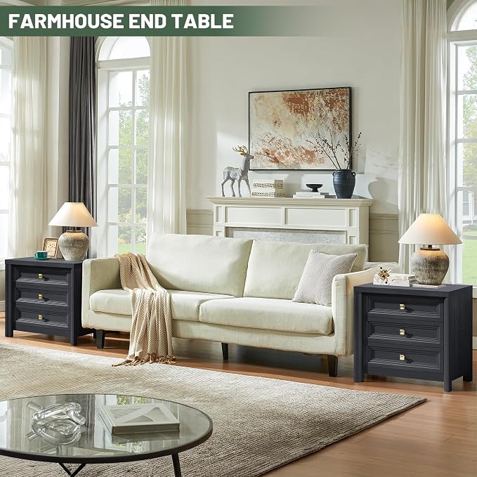 Standifurno Farmhouse Black Nightstand with 3 Drawers, Rustic Bedside Table with Storage, Large Bed Side Table for Bedroom Living Room Home Office Furniture 24.8” Tall Nightstand with Gold Knobs