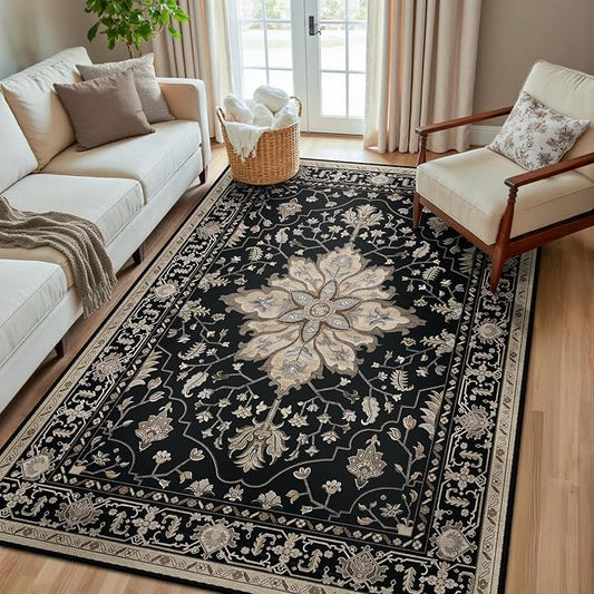 RELEANY Area Rugs 5'x8' Washable Non-Slip, Floral Vintage Distress Medallion Carpet for Living Room Bedroom Dining Room, Black Brown Neutral Dark Tan