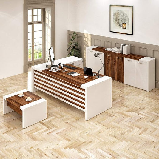 Leon 87" Wood Office Furniture Set of 3pcs | Executive Right Side L Shaped Corner Desk & File Drawers w/Telescopic Rail | Coffee Table | Storage Cabinet w/Chrome Handles | Modern Home Workstation
