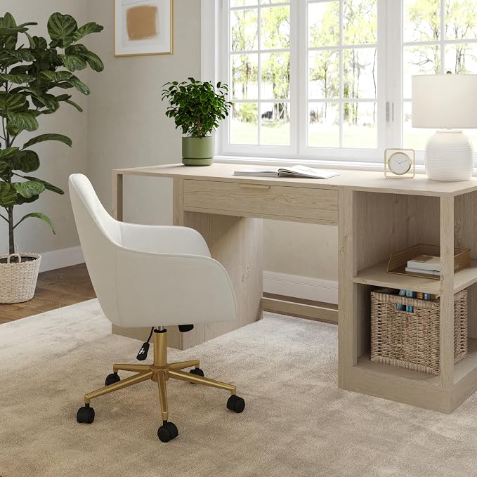 Martha Stewart Rayna Swivel Task Chair with Flared Arms for Home Office in Off White Fabric with Polished Brass Frame